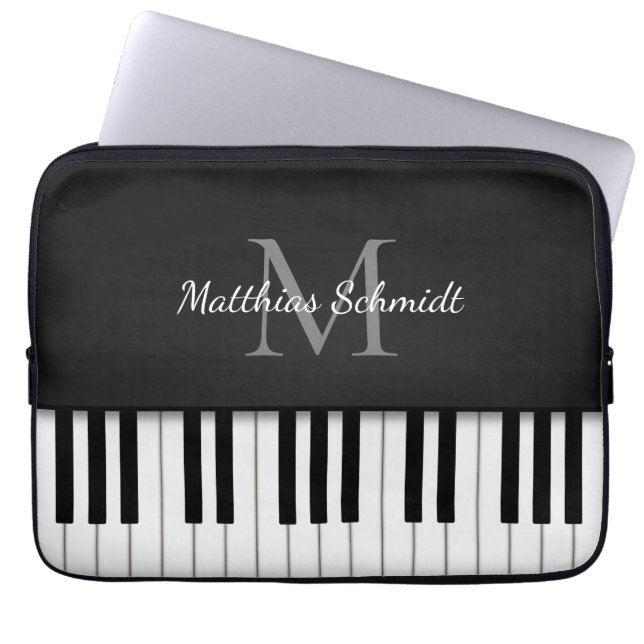 Piano Keyboard Monogrammed Personalized Black Laptop Sleeve (Front)