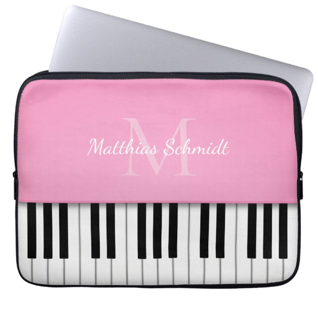 Piano Keyboard Monogrammed Personalized Pink Laptop Sleeve (Front)
