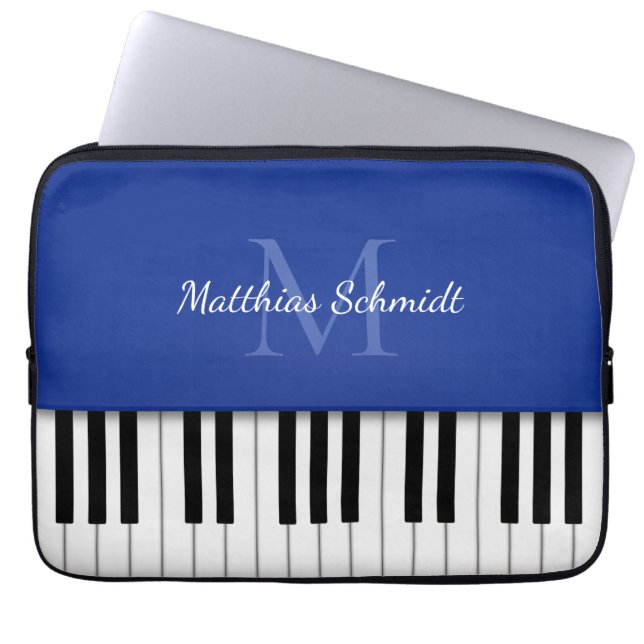 Piano Keyboard Monogrammed Personalized Royal Blue Laptop Sleeve (Front)
