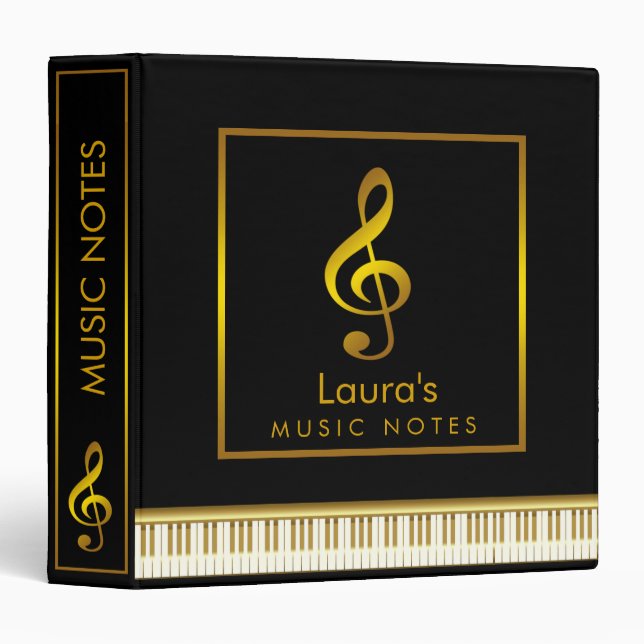 Piano Keyboard Music Notes Monogram Black Gold Binder (Front/Spine)