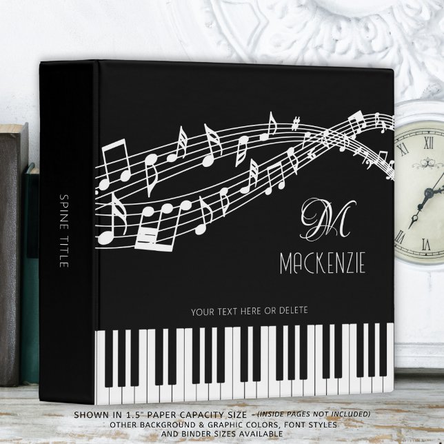 Piano Keyboard Music Notes Monogram Custom Color 3 Ring Binder (Creator Uploaded)