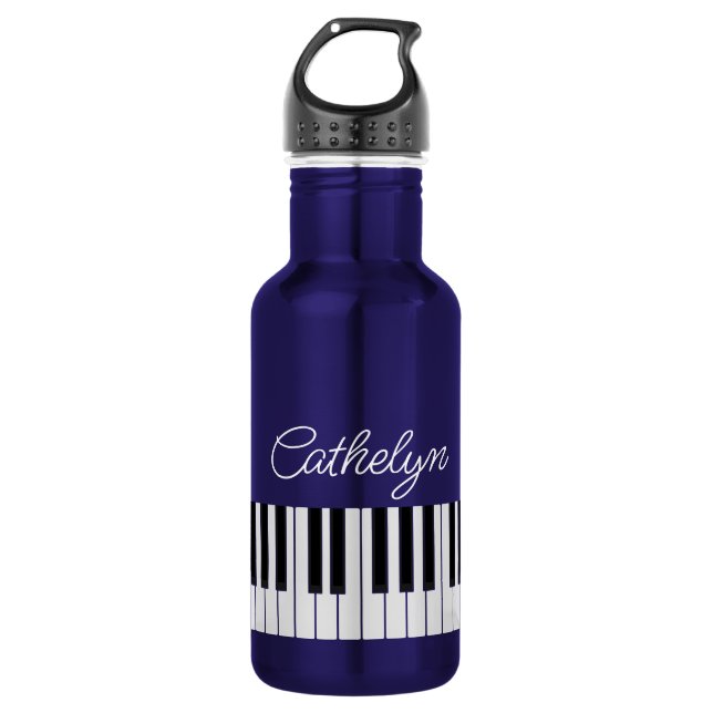 Piano Keyboard Music Teacher Name in Script Stainless Steel Water Bottle (Front)