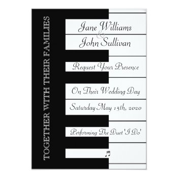 This card features a piano keyboard announcing the wedding of the bride and groom and the date of their performance of the duet 'I Do'. Fully customizable with your own choice of wedding detail printed on the white keys of the piano