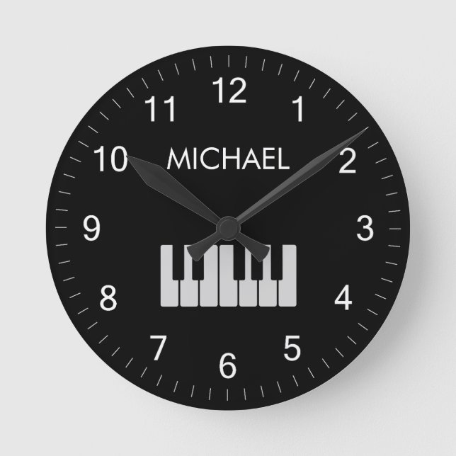 Piano Keyboard Personalized Musician's  black Round Clock (Front)