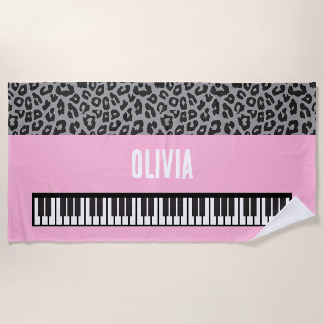 Piano Keyboard Personalized Musician's pink Beach Towel (Front)