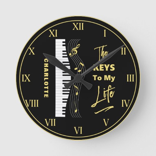 Piano Keyboard Players Fun Music Notes Round Clock