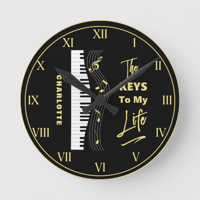 Piano Keyboard Players Fun Music Notes Round Clock (Front)