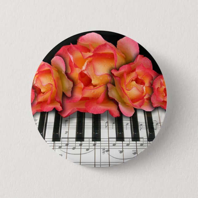 Piano Keyboard Roses and Music Notes Button (Front)