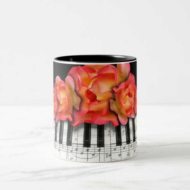 Piano Keyboard Roses and Music Notes Two-Tone Coffee Mug (Center)