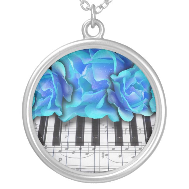 Piano Keyboard Roses Silver Plated Necklace (Front)
