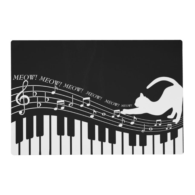 Piano Keynotes Meow Musical Cat Black & White  Placemat (Front)