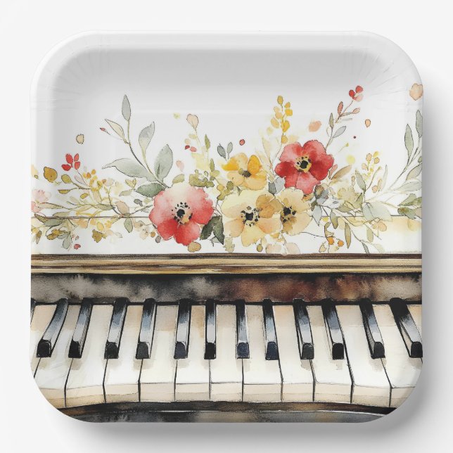 Piano Keys and Flowers Paper Plates (Front)