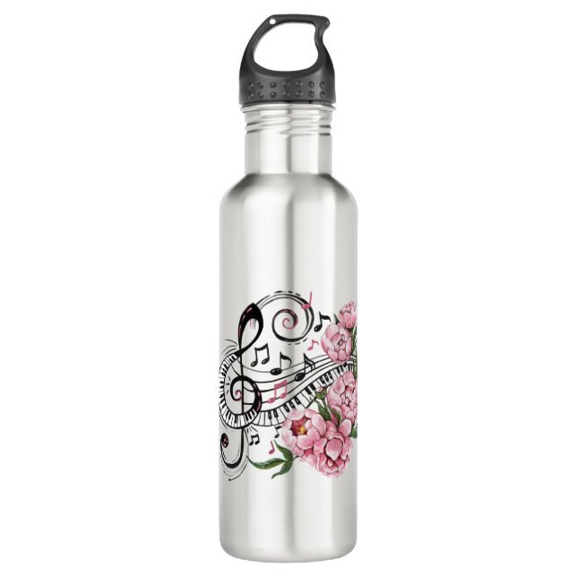 Piano Keys and Flowers Stainless Steel Water Bottle (Front)