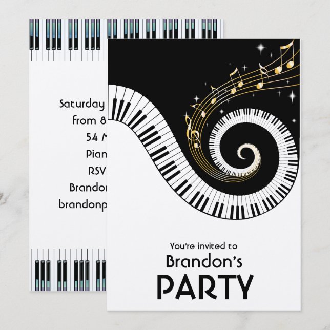 Piano Keys and Gold Music Metallic Invitations (Front/Back)