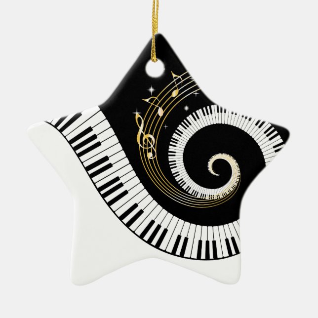 Piano Keys and Gold Music Notes Ceramic Ornament (Front)