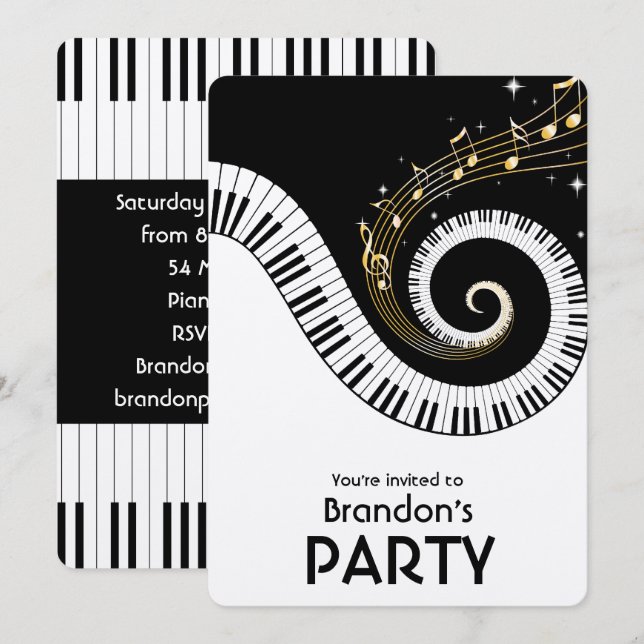 Piano Keys and Gold Music Notes Party Invitation (Front/Back)