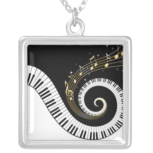 Piano Keys and Gold Music Notes Silver Plated Necklace (Front)