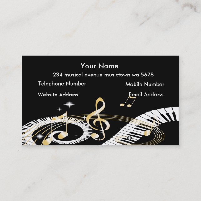 Piano Keys and Golden Music Notes Business Card (Front)