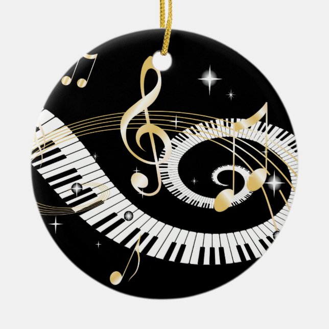 Piano Keys and Golden Music Notes Ceramic Ornament (Front)