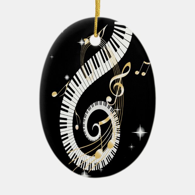 Piano Keys and Golden Music Notes Ceramic Ornament (Front)