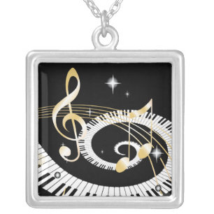 Piano Keys and Golden Music Notes Silver Plated Necklace