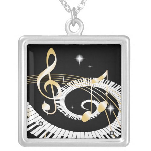Piano Keys and Golden Music Notes Silver Plated Necklace