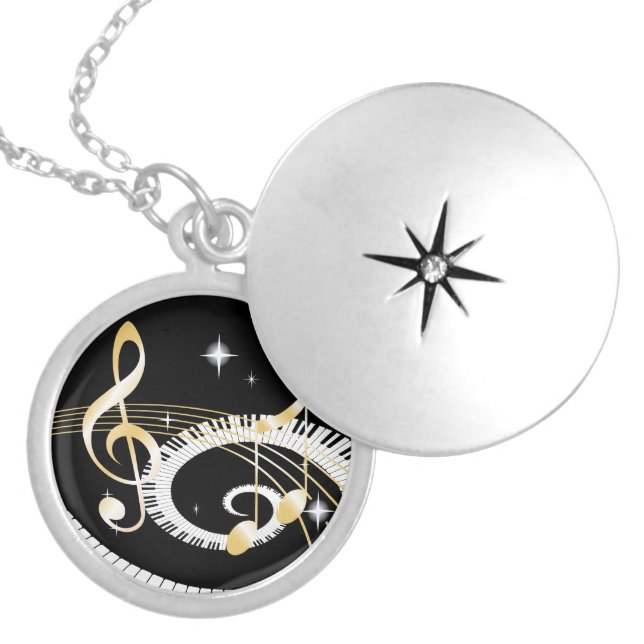 Piano Keys and Golden Music Notes Silver Plated Necklace (Front)