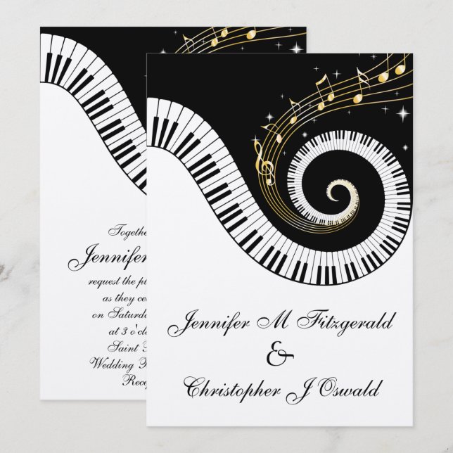 Piano Keys and Golden Musical Notes Wedding Invitation (Front/Back)