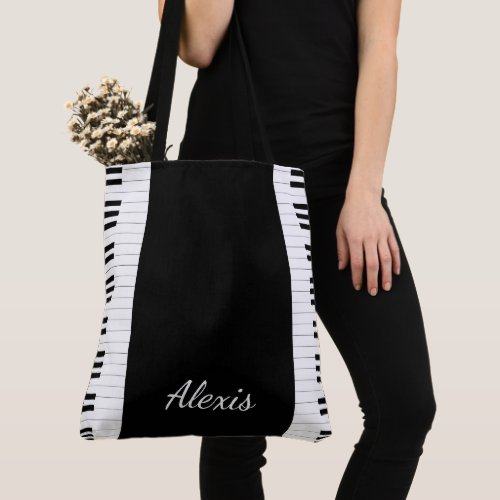 Piano Keys and Name Tote Bag - Black and white grand piano keys tote bag.