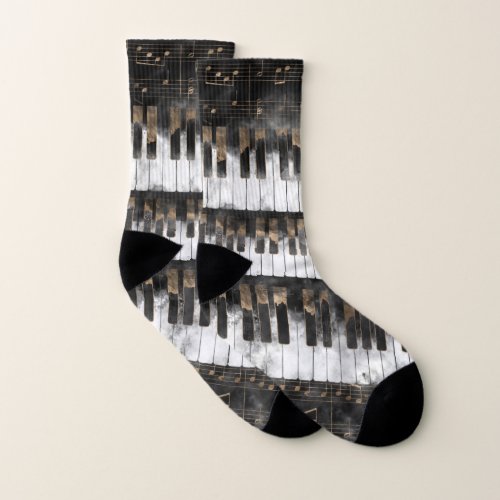 Piano keys and Notes _ Watercolor and gold Socks