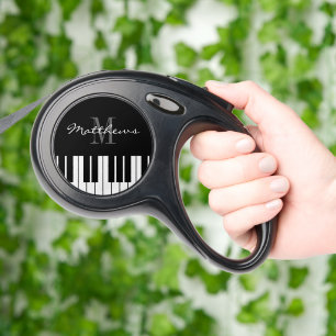 Piano keys black and white monogram custom name retractable pet leash 