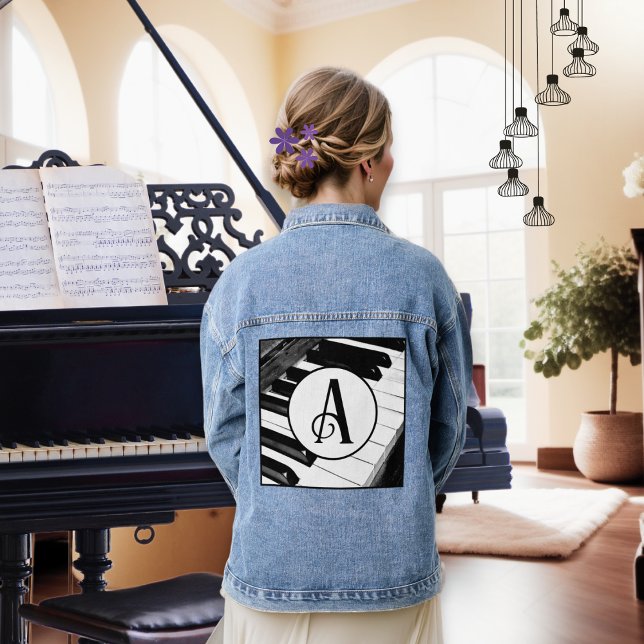 Piano Keys Black and White Music Keyboard Monogram Denim Jacket (A denim jacket with piano keyboard and monogram letter circle design)