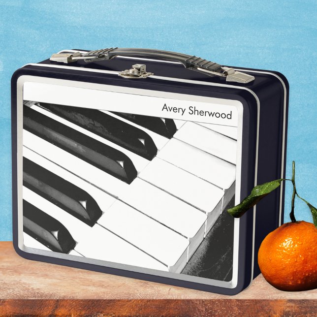 Piano Keys Black and White Personalized Metal Lunch Box (A stylish lunch box with piano keyboard photo. Personalize with your name or initials. An ideal gift)