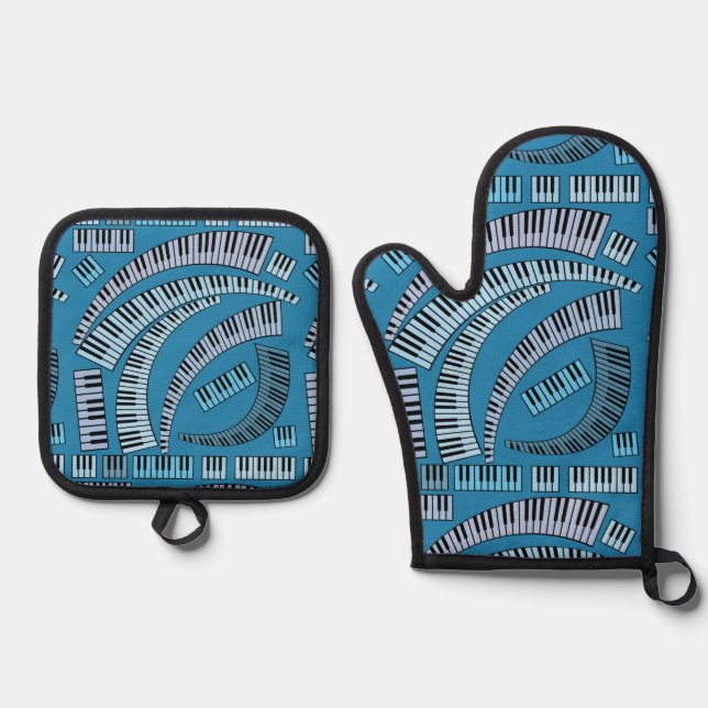 Piano Keys Curved Oven Mitt & Pot Holder Set (Front)