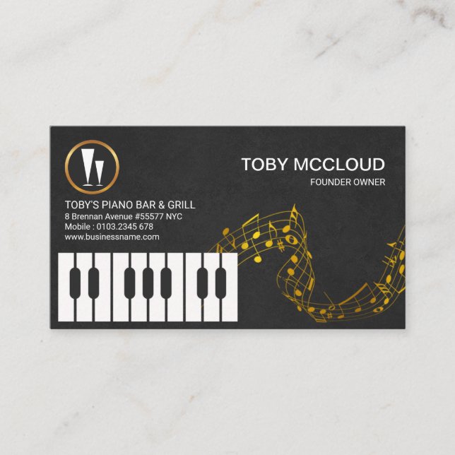 Piano Keys Gold Floating Musical Notes Business Card (Front)