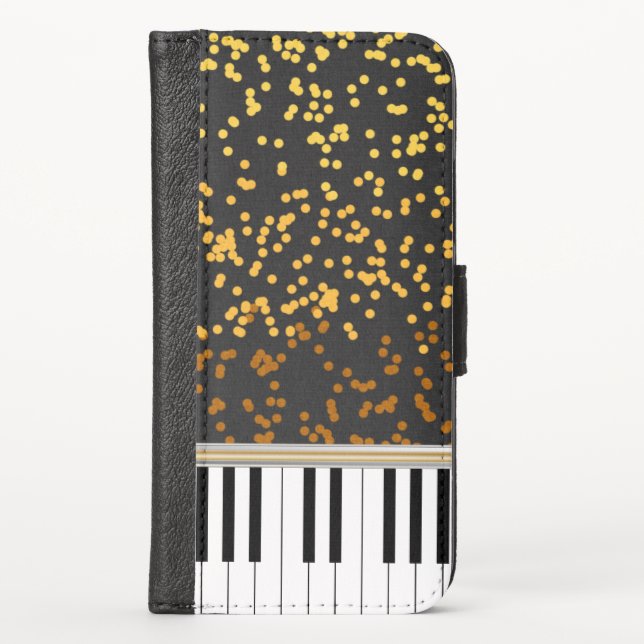 Piano Keys Gold Polka Dots Pattern iPhone Wallet Case (Front)