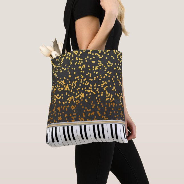 Piano Keys Gold Polka Dots Pattern Tote Bag (Close Up)