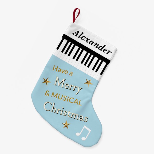 Piano Keys Light Blue Music Themed Personalized Small Christmas Stocking (Front (Hanging))
