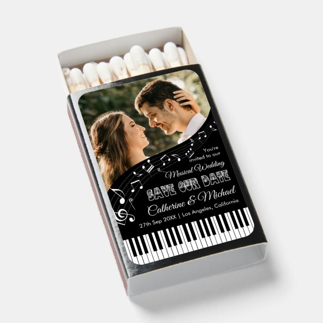 Piano Keys Music Black & White Photo Save The Date Matchboxes (Front Open)