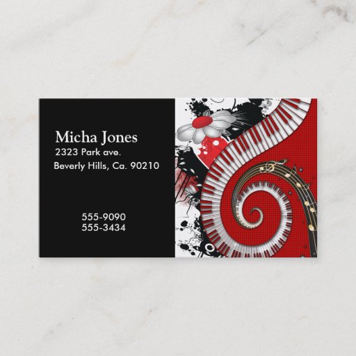 Customizable Piano Keys Music Notes Grunge Floral Swirls Business Card