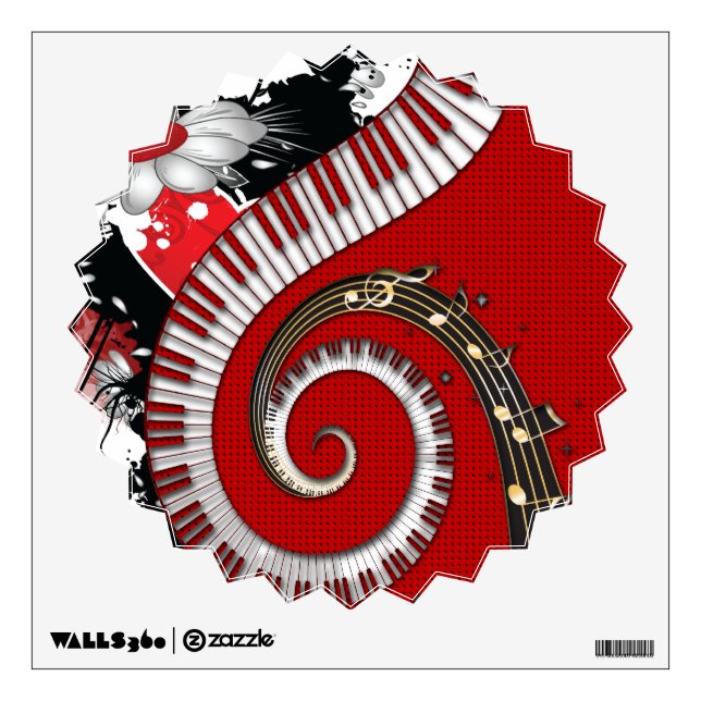 Piano Keys Music Notes Grunge Floral Swirls Wall Sticker (Front)