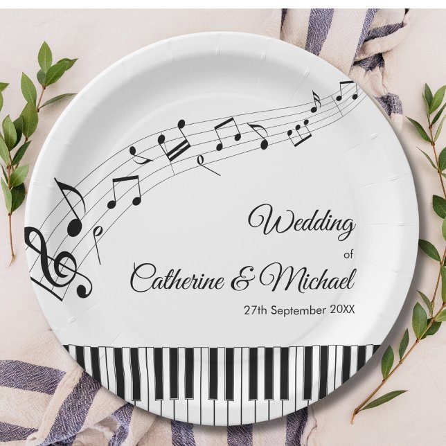 Piano Keys Musical Notes Black & White Wedding Paper Plates (Creator Uploaded)