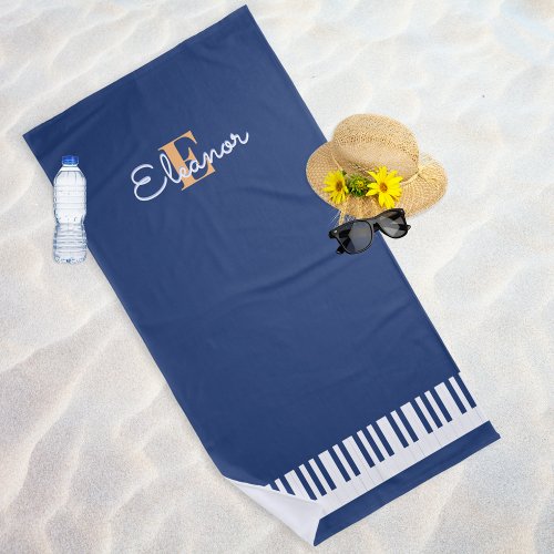 Piano Keys Navy Blue White Monogram Music Keyboard Beach Towel