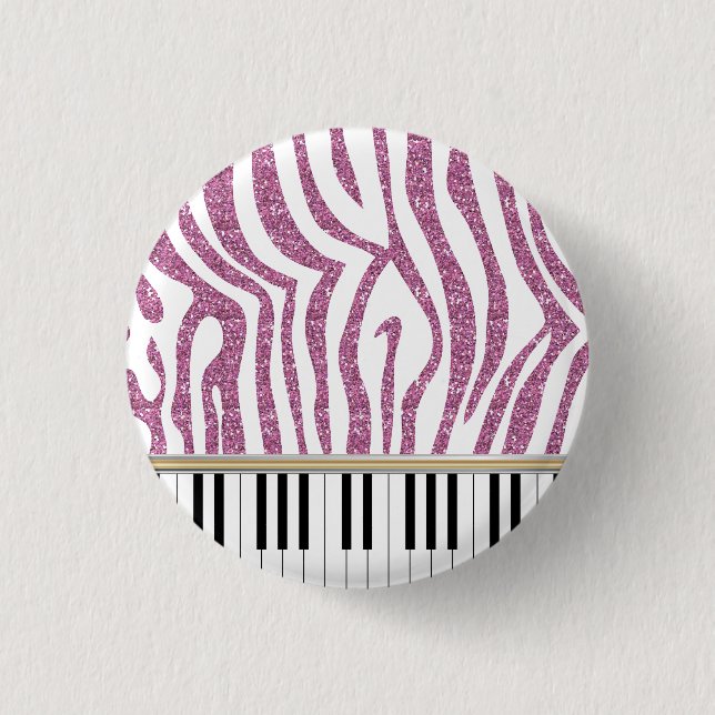 Piano Keys Pink Glitter Zebra Print Pinback Button (Front)