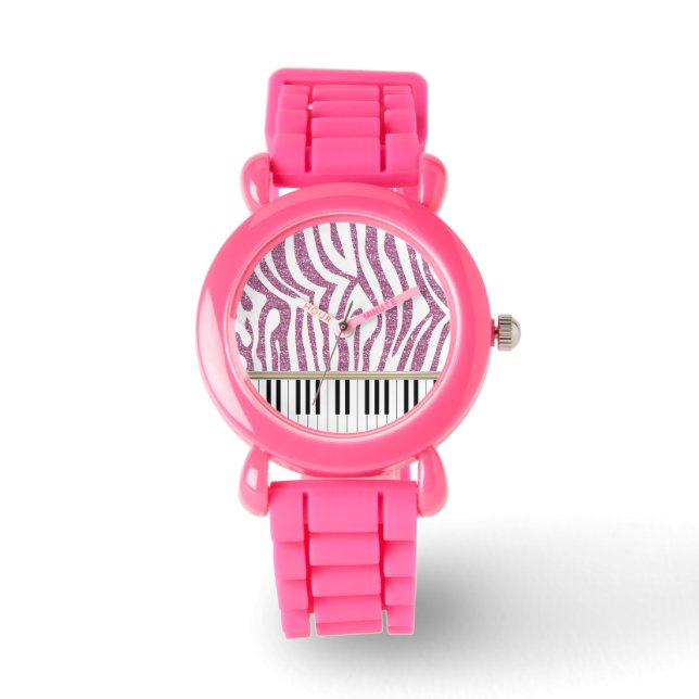 Piano Keys Pink Glitter Zebra Print Watch (Front)