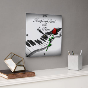 Piano Keys & Red Rose Wall Square Wall Clock
