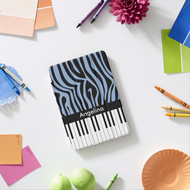 Piano Keys Sky Blue and black Zebra Print iPad Mini Cover (In Situ)