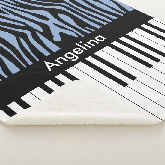 Piano Keys Sky Blue and black Zebra Print Sherpa Blanket