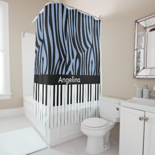 Piano Keys Sky Blue and black Zebra Print Shower Curtain