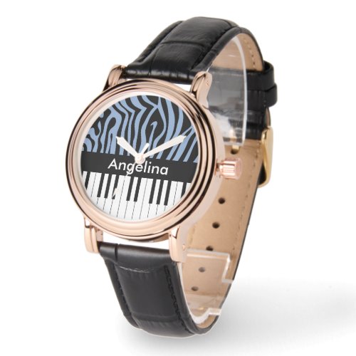 Piano Keys Sky Blue and black Zebra Print Watch